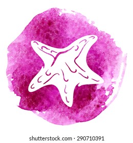 White silhouettes of a starfish cut through with outline isolated on top of the traced lilac watercolor blot. EPS10 vector illustration.