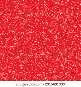 White silhouettes of strawberries on a bright red background. Floral seamless pattern, print. Vector illustration