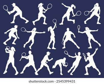 Weiße Silhouetten von Tennisspielern in verschiedenen Action-Posen auf dunkelblauem Hintergrund.