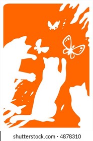 White silhouettes of the three cats  and flying butterflies on a grunge orange background.