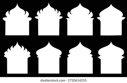 white silhouettes of various flame topped towers on black background