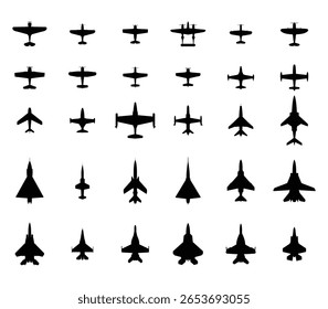 Silhuetas brancas de aviões de combate sobre fundo azul, mostrando a evolução dos aviões de combate.