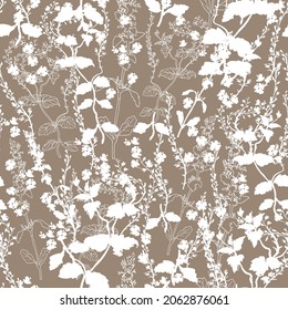 White silhouettes of wild herbs and grasses in flat style on craft-paper background. Monochrome floral seamless pattern vector illustration for apparel, textile, fabric, poster, ecology package.