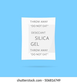 white silica gel package with shadow. concept of arid, silicas, chemical, silicic acids, warning, dehydrated material, granules, compound, soak up. flat style modern graphic design on blue background