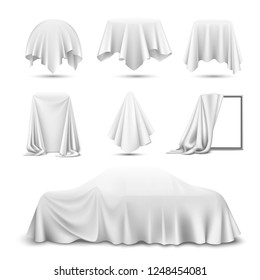 White silk cloth covered objects realistic set with draped mirror car hanging napkin tablecloth curtain vector illustration