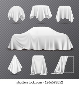 White silk cloth covered objects realistic set with draped car hanging napkin tablecloth curtain transparent vector illustration