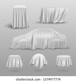 White silk curtain cover set - silk satin fabric sheets covering different shaped objects - car, sphere, cube, table isolated on transparent background. Vector illustration.