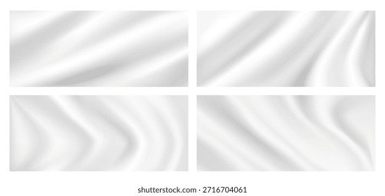 White silk fabric texture set with flowing waves and soft ripples for luxury background, curtain or fashion design. Vector illustration of delicate satin and linen with shiny drapery for decoration.