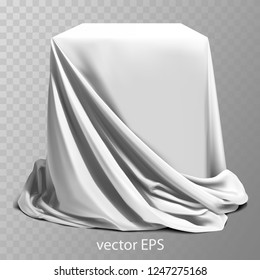 White silk with iridescent, perfectly draped on the podium, on a deep white checkered background. Highly realistic illustration.