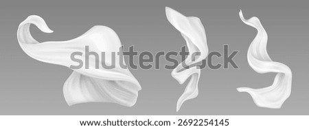 White silk ribbon set with flowing elegant curves and smooth texture isolated on gray background. Twisted shapes in realistic 3d style for decoration, gift wrapping or festive design elements.