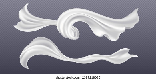 White silk ribbons set isolated on transparent background. Vector realistic illustration of light fabric flying in air, satin cloth waves floating in wind, soft home textile, decoration element