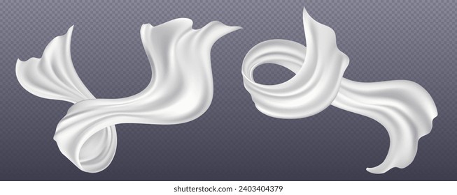 Cintas de seda blanca aisladas sobre un fondo transparente. Ilustración vectorial realista de tela ligera volando en el aire, ondas de tela satinada flotando en el viento, textil de hogar suave, elemento de decoración