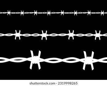 White siluette barbed wire with sharp barbs, thorns and spikes, seamless pattern set vector illustration. Steel fence barbwire with twisted texture, fencing border isolated on black background.