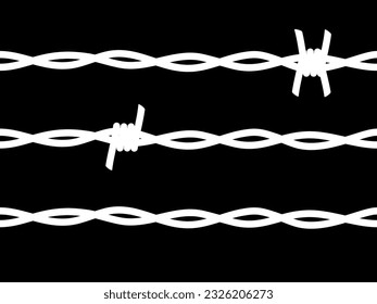 White siluette barbed wire with sharp barbs, thorns and spikes, seamless pattern set vector illustration. Steel fence barbwire with twisted texture, fencing border isolated on black background.