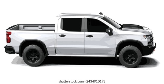 White silver black truck art modern 4x4 art 3d realistic color design car vector element Ram pickup silverado large motor camaro power diesel isolated white background side view

