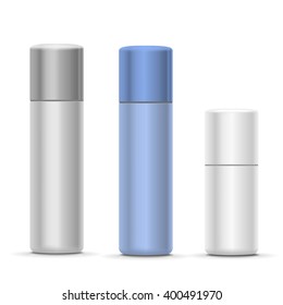 White and silver Bottles of aerosol spray, metal bottle for cosmetic, perfume or hairspray. Deodorant packing 