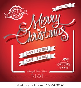 White or silver color ribbon form the word "Merry Christmas" with ribbon border decorations and sample text elements.