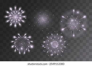 White, silver, festive fireworks on transparent background. Vector illustration