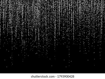 White silver glitter garlands hanging vertical lines. Falling confetti lights isolated on black background. Luxury glowing texture. Dust, bokeh, sparkles, stars. Vector holiday background. 