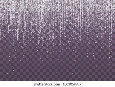 White silver glitter garlands hanging vertical lines. Falling confetti lights isolated on black background. Luxury glowing texture. Dust, bokeh, sparkles, stars. Vector holiday background. 