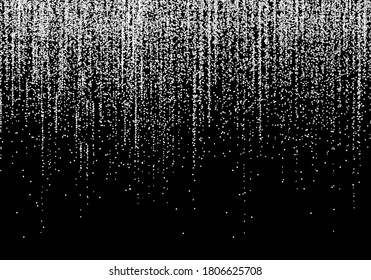 White silver glitter garlands hanging vertical lines. Falling confetti lights isolated on black background. Luxury glowing texture. Dust, bokeh, sparkles, stars. Vector holiday background. 