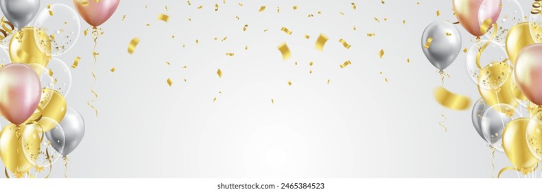 White, silver and gold balloons with confetti. Vector illustration.