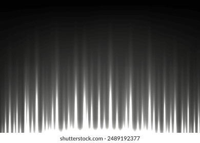 White silver light vertical lines on black background. Glowing abstract futuristic shiny pattern. Bright rays on dark background. Silver stage curtain. Vector illustration.