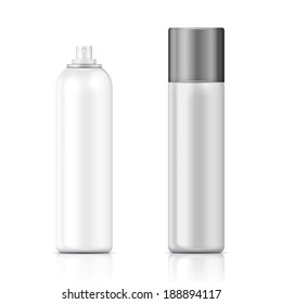 White and silver metal bottle with sprayer cap for cosmetic, perfume, deodorant or freshener or hairspray. Packaging collection.