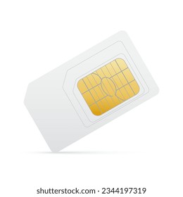 White sim card with gold chip for mobile phone. Vector gsm simcard 3d design isolated on white background.