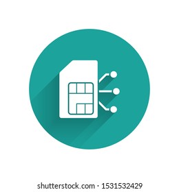 White Sim card icon isolated with long shadow. Mobile cellular phone sim card chip. Mobile telecommunications technology symbol. Green circle button. Vector Illustration