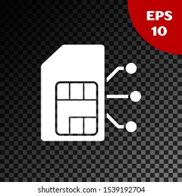 White Sim card icon isolated on transparent dark background. Mobile cellular phone sim card chip. Mobile telecommunications technology symbol.  Vector Illustration