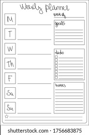 White simple blank weekly planner. The form has a field for affairs for every day, a field for goals for a week, a field for other tasks for the week, notes for the week. 