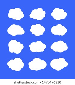 White simple clouds. Thinking bubbles or tags, cloud message abstract shapes. Cumulus isolated on blue sky. Cartoon vector set of clouds in sky, air bubble illustration