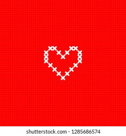 White simple cute cross stitch heart on red canvas card template, vector