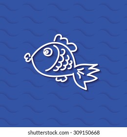 White simple cute outline fish with shadow on cut texture blue paper waves  background, vector illustration