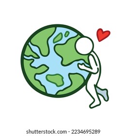 White simple doodle styled stick man hugging the earth simple vector icon illustration with heart decoration. Outlined pictogram isolated on white background with cartoon art style for earth day theme