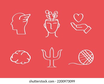 White simple flat linear graphic icon set of icons on the theme of psychology. Vector illustration isolated on background.