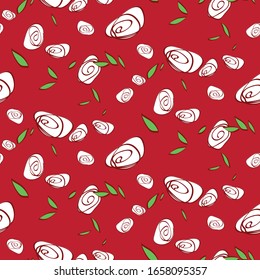 White simple flat roses whis leaves on red background