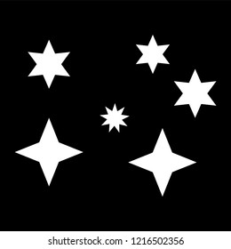 White simple flat style light star flares  isolated on black background. Vector illustration