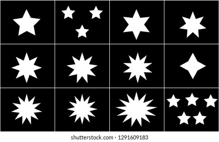 White simple flat style light star flares pack isolated on black background. Vector illustration