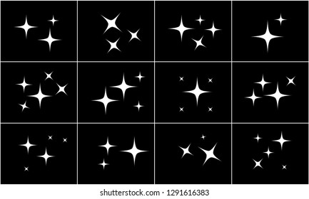 White simple flat style light star flares pack isolated on black background. Vector illustration