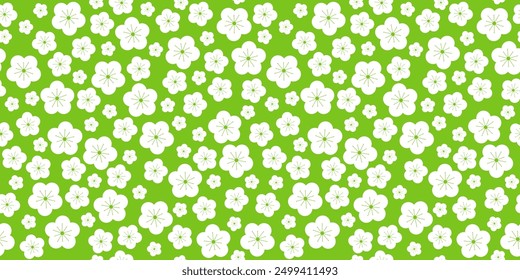 white simple flowers of cherry, apple tree on a green background. seamless pattern for background on the theme of summer, flower meadow, print on fabric, wrapping paper, packaging design