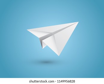 A white simple folded paper plane flying icon on light blue background vector illustration