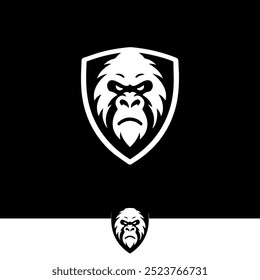 Branco Simples Gorilla Face Logo No Escudo Sobre Fundo Preto