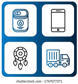 white simple icons set. Contains such icons as Condensed milk, Smartphone, Dreamcatcher, Cargo truck, can be used for web, mobile and logo
