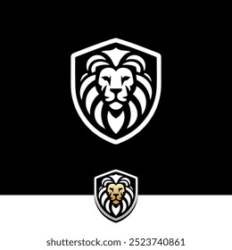 Logotipo simple blanco de la cara del león en el escudo sobre fondo negro