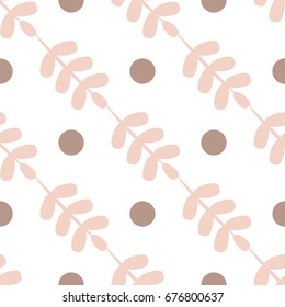 White simple seamless pattern with leaves and dots 