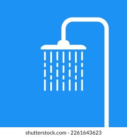 white simple shower or douche icon for bathroom. concept of bath room equipment in house or motel. flat trend modern morning douche logotype graphic design web element isolated on blue background