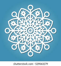 White simple snowflake on blue background.