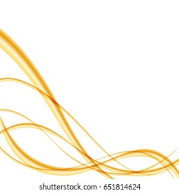 White simple template with golden waves. Light background with golden  / cooper / bronze wavy ribbon. Metal or liquid curled streams on white backdrop.